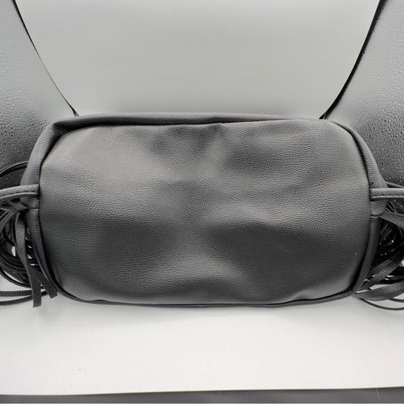 Victoria's Secret Black Faux Leather Shoulder Bucket Bag Fringe Backpack Tote - Picture 8 of 9